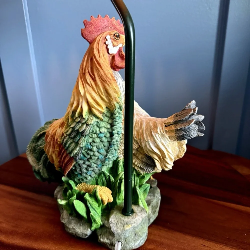 Vintage Rooster and Chicken Table Lamp Plaid Shade Farmhouse Cottage 20